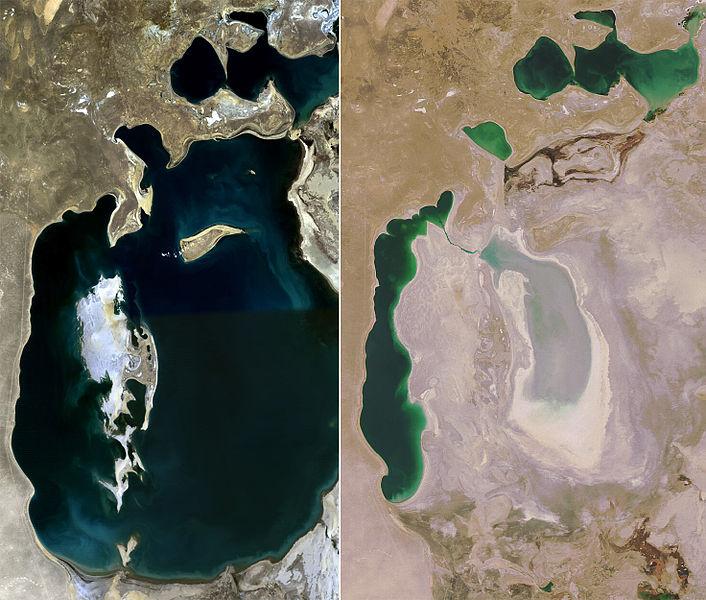 Vista satélite del Mar de Aral en 1989 y 2008
